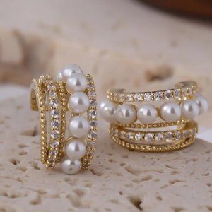 18K Gold Plated Pearl Diamond Hoop Earrings